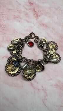 Vintage Chunky Coin Charm Bracelet Victorian Renaissance Revival Drop 50s 8"